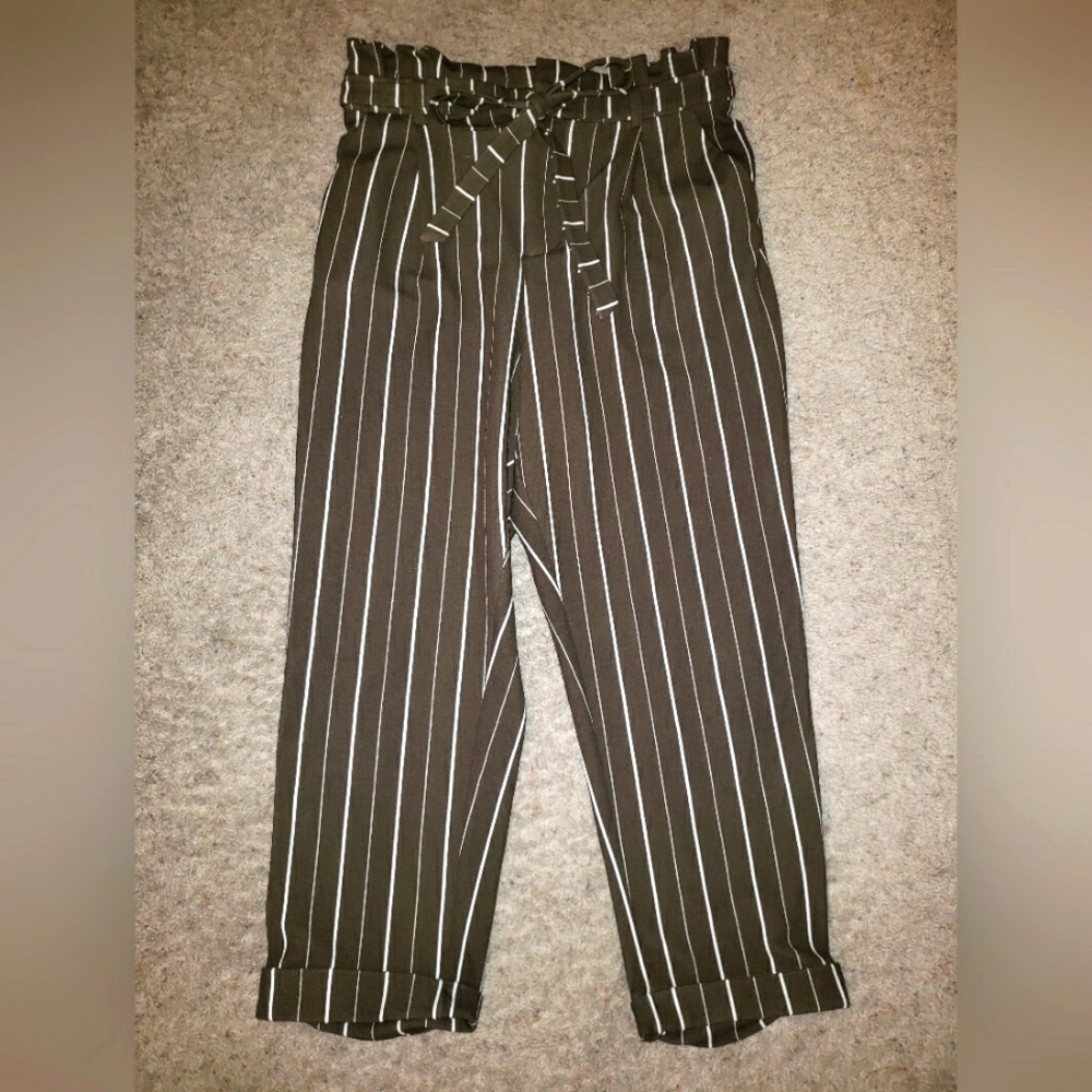 Olive & White striped paperbag waist pants